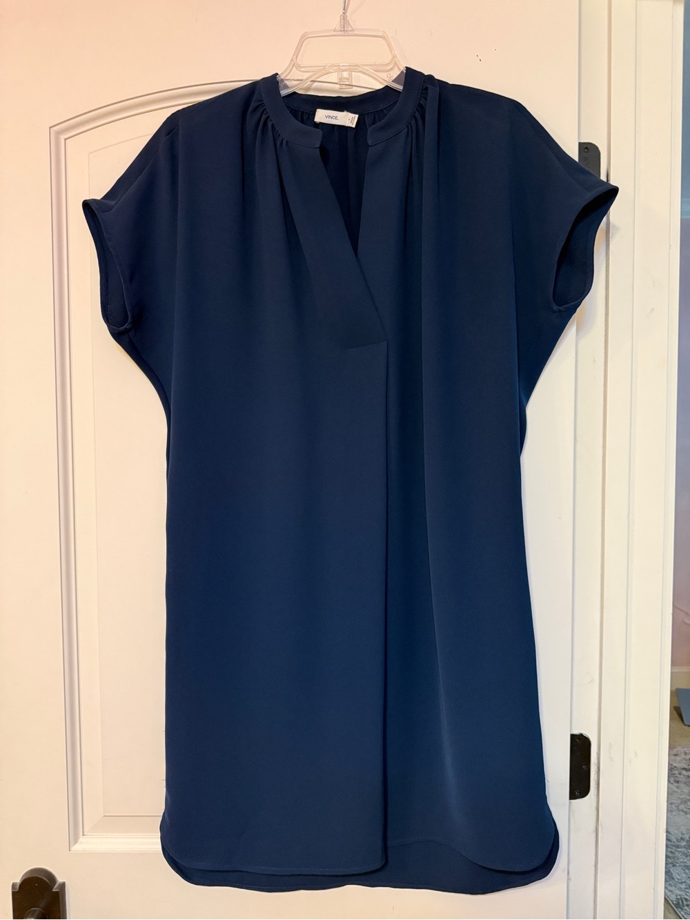 Vince Navy Short-Sleeve Tie-Neck Mini Dress